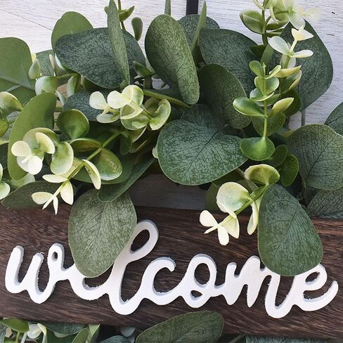 Green Eucalyptus Wreath with Welcome Sign, 11.8inch Artificial Spring Summer Wreaths for Front Door Wall Window Farmhouse Festival Porch Patio Garden Decor (Color:Green) in Saudi Arabia