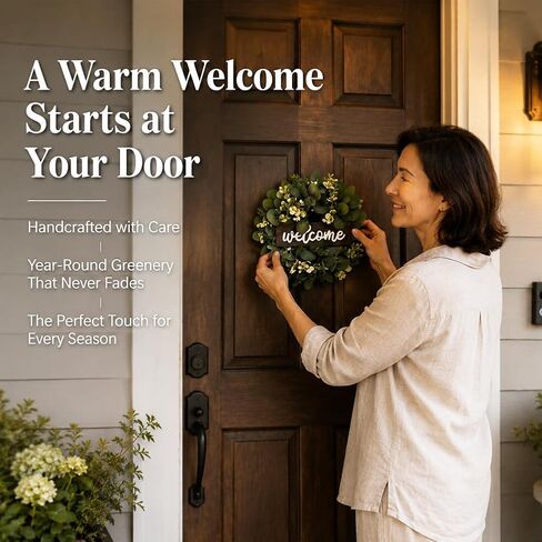 Green Eucalyptus Wreath with Welcome Sign, 11.8inch Artificial Spring Summer Wreaths for Front Door Wall Window Farmhouse Festival Porch Patio Garden Decor (Color:Green) in Saudi Arabia