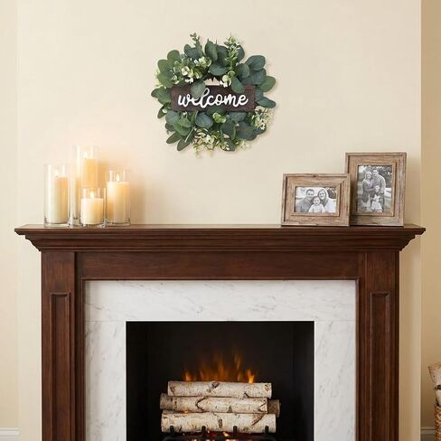 Green Eucalyptus Wreath with Welcome Sign, 11.8inch Artificial Spring Summer Wreaths for Front Door Wall Window Farmhouse Festival Porch Patio Garden Decor (Color:Green) in Saudi Arabia