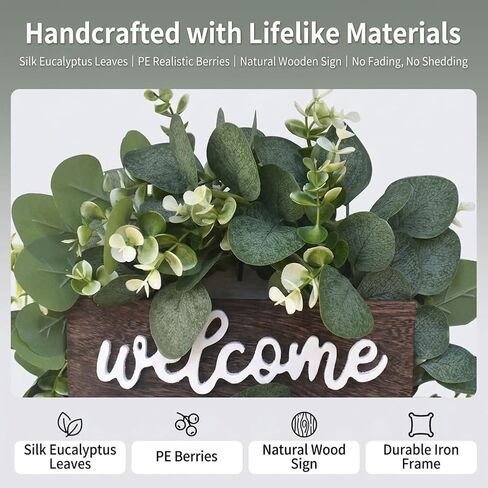 Green Eucalyptus Wreath with Welcome Sign, 11.8inch Artificial Spring Summer Wreaths for Front Door Wall Window Farmhouse Festival Porch Patio Garden Decor (Color:Green) in Saudi Arabia