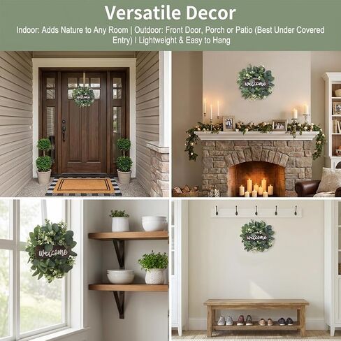 Green Eucalyptus Wreath with Welcome Sign, 11.8inch Artificial Spring Summer Wreaths for Front Door Wall Window Farmhouse Festival Porch Patio Garden Decor (Color:Green) in Saudi Arabia