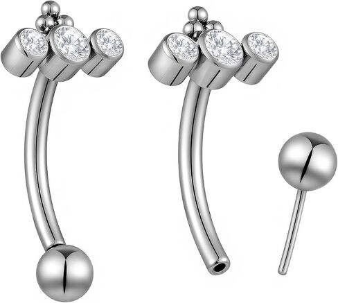 2PCS Titanium 16G Threadless Barbell | 8mm Curved Eyebrow Tragus Cartilage Bar | Triple CZ Gem Implant Grade Body Jewelry in Saudi Arabia