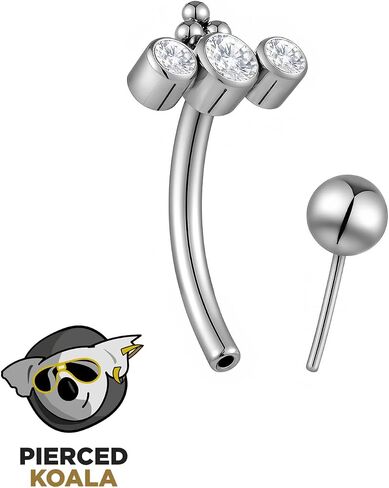 2PCS Titanium 16G Threadless Barbell | 8mm Curved Eyebrow Tragus Cartilage Bar | Triple CZ Gem Implant Grade Body Jewelry in Saudi Arabia