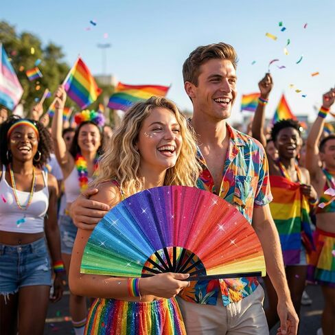Pride Rainbow Folding Fan, Large Colorful Rave Clack Hand Fan for Women Men Pride Day Festival Parade, Cosplay Costume Photo Props, Party Performance, Dance, Decorations in Saudi Arabia