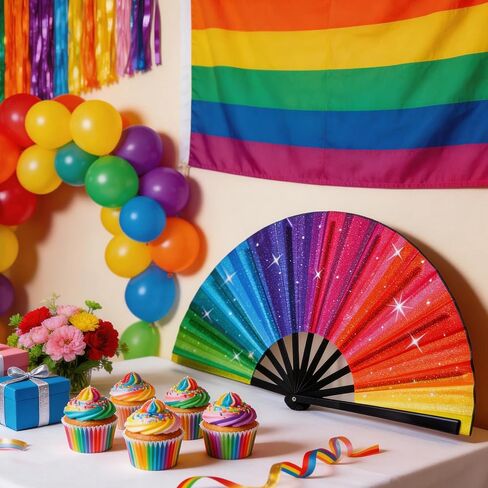 Pride Rainbow Folding Fan, Large Colorful Rave Clack Hand Fan for Women Men Pride Day Festival Parade, Cosplay Costume Photo Props, Party Performance, Dance, Decorations in Saudi Arabia