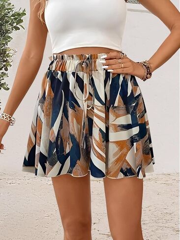 Women's Summer High Waisted Wide Leg Shorts Abstract Print Drawstring Flowy Casual Beach Shorts in Kuwait