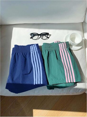 شورت قصير نسائي قصير من MakeMeChic مقاس كبير مكون من قطعتين مخطط عالي الارتفاع وخصر مرن وفضفاض مناسب in Kuwait