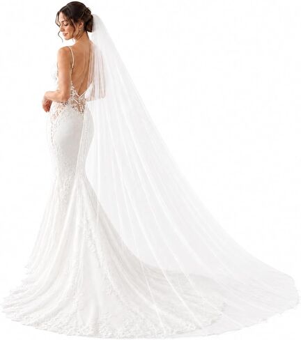 Wedding Veil Cathedral Length, White Bridal Veil, One Tier Elegant Bridal Accessories for Wedding, Length 9.8 ft / 3 m in Kuwait