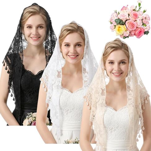 Tucnoeu 3 Pcs Mantilla Catholic Chapel Veils, Chapel Veils Catholic Mass, Veil Catholics for Women Girls Church Headband Floral Headwrap Latin Mass Veil for Wedding Bridesmaid in Kuwait