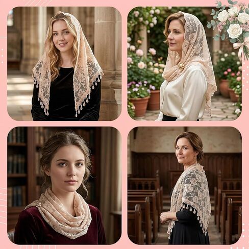Tucnoeu 3 Pcs Mantilla Catholic Chapel Veils, Chapel Veils Catholic Mass, Veil Catholics for Women Girls Church Headband Floral Headwrap Latin Mass Veil for Wedding Bridesmaid in Kuwait