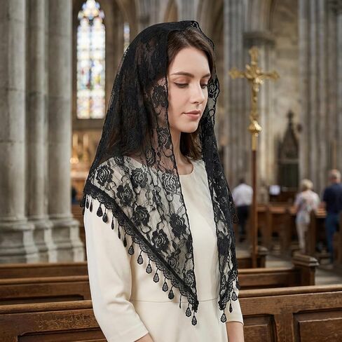 Tucnoeu 3 Pcs Mantilla Catholic Chapel Veils, Chapel Veils Catholic Mass, Veil Catholics for Women Girls Church Headband Floral Headwrap Latin Mass Veil for Wedding Bridesmaid in Kuwait