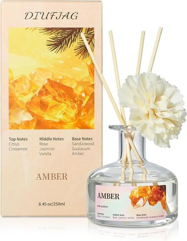 8.45 oz Amber Scent Diffusers with 6 Reed Sticks,250ml Reed Diffuser for Bathroom Room Air Freshener, Last up for 50 Days in Saudi Arabia