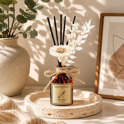 Vanilla Home Scent Set with 10 Reed Sticks & Decorative Flower, Long Lasting Reed Diffuser for Living Room Bathroom, Brown Bottle, 5 fl.oz in Kuwait