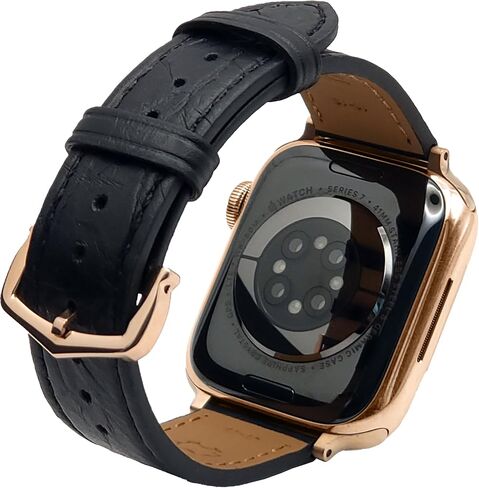 Premium Calfskin Leather Band Replacement Watch Strap with Crown Rose Gold Buckle Compatible with Watch Series 7 6 5 4 3 2 1 38mm to 45mm (Black, 49mm/45mm/44mm/42mm) in Saudi Arabia