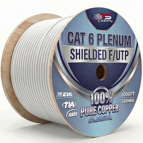 TSCables | Cat6 Plenum Shielded (CMP) Overall Foil Shield (F/UTP), 1000ft, 23AWG | 100% Solid Bare Copper | 550MHz | Bulk Ethernet Cable (Cat6 Plenum STP Shielded, White, 1000ft) in Kuwait