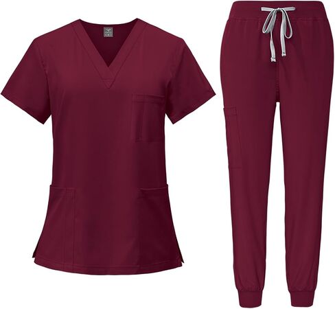 Scrubs for Women Set Two Piece Sets Stretch V Neck Tops and Drawstring Scrub Pant Solid Medical Uniform with Pockets in Saudi Arabia