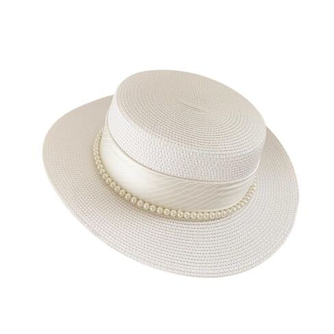 Women's Straw Boater Hat, Elegant Flat Top Sun Hat with Pearl Accent & Satin Band, Wide Brim Summer Beach Hat for Travel (White) in Kuwait