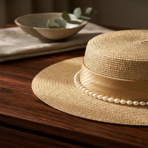 Women's Straw Boater Hat, Elegant Flat Top Sun Hat with Pearl Accent & Satin Band, Wide Brim Summer Beach Hat for Travel (White) in Kuwait