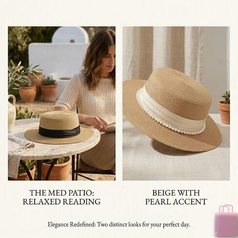 Women's Straw Boater Hat, Elegant Flat Top Sun Hat with Pearl Accent & Satin Band, Wide Brim Summer Beach Hat for Travel (White) in Kuwait