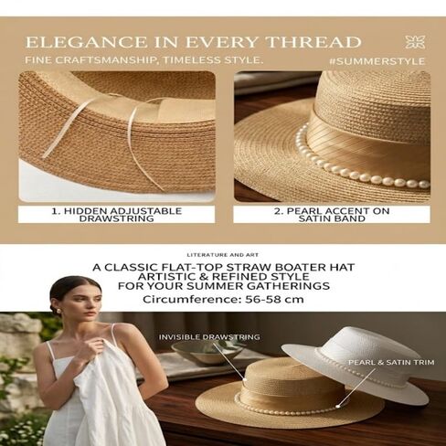 Women's Straw Boater Hat, Elegant Flat Top Sun Hat with Pearl Accent & Satin Band, Wide Brim Summer Beach Hat for Travel (White) in Kuwait