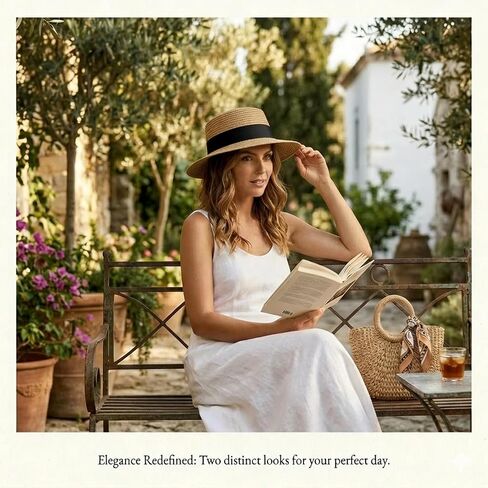 Women's Straw Boater Hat, Elegant Flat Top Sun Hat with Pearl Accent & Satin Band, Wide Brim Summer Beach Hat for Travel (White) in Kuwait