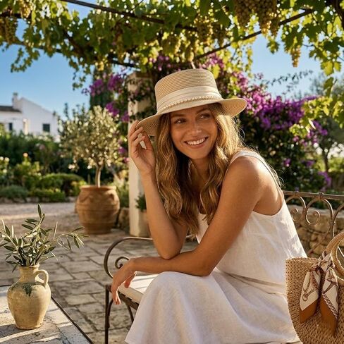 Women's Straw Boater Hat, Elegant Flat Top Sun Hat with Pearl Accent & Satin Band, Wide Brim Summer Beach Hat for Travel (White) in Kuwait