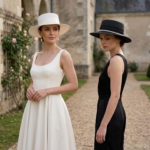 Women's Straw Boater Hat, Elegant Flat Top Sun Hat with Pearl Accent & Satin Band, Wide Brim Summer Beach Hat for Travel (White) in Kuwait