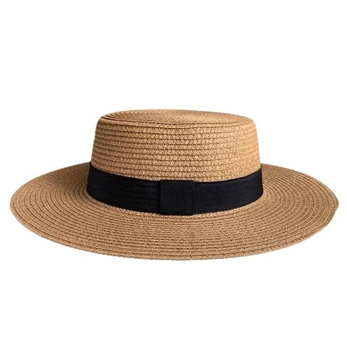 Women's Straw Boater Hat, Elegant Flat Top Sun Hat with Pearl Accent & Satin Band, Wide Brim Summer Beach Hat for Travel (White) in Kuwait