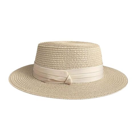 Women's Straw Boater Hat, Elegant Flat Top Sun Hat with Pearl Accent & Satin Band, Wide Brim Summer Beach Hat for Travel (White) in Kuwait