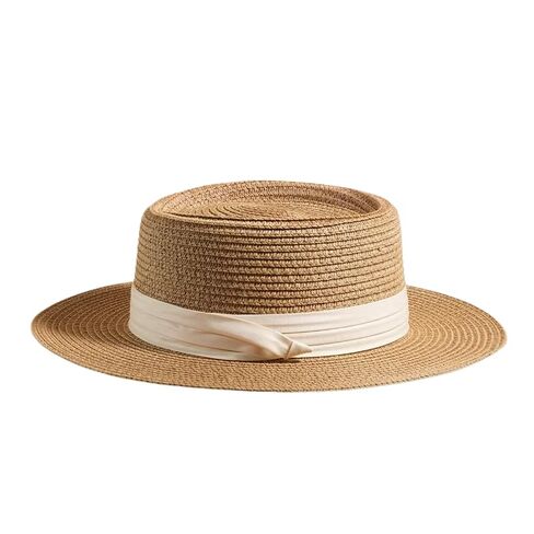 Women's Straw Boater Hat, Elegant Flat Top Sun Hat with Pearl Accent & Satin Band, Wide Brim Summer Beach Hat for Travel (White) in Kuwait