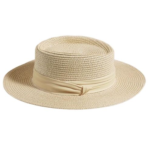 Women's Straw Boater Hat, Elegant Flat Top Sun Hat with Pearl Accent & Satin Band, Wide Brim Summer Beach Hat for Travel (White) in Kuwait