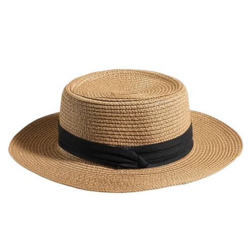 Women's Straw Boater Hat, Elegant Flat Top Sun Hat with Pearl Accent & Satin Band, Wide Brim Summer Beach Hat for Travel (White) in Kuwait