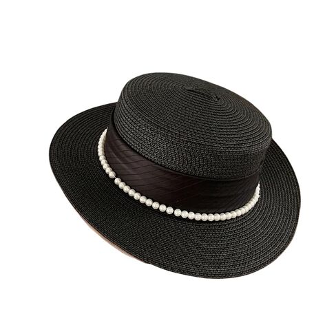 Women's Straw Boater Hat, Elegant Flat Top Sun Hat with Pearl Accent & Satin Band, Wide Brim Summer Beach Hat for Travel (White) in Kuwait