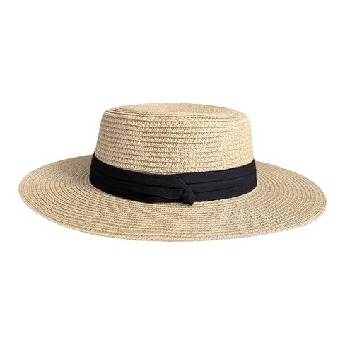 Women's Straw Boater Hat, Elegant Flat Top Sun Hat with Pearl Accent & Satin Band, Wide Brim Summer Beach Hat for Travel (White) in Kuwait