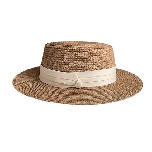 Women's Straw Boater Hat, Elegant Flat Top Sun Hat with Pearl Accent & Satin Band, Wide Brim Summer Beach Hat for Travel (White) in Kuwait