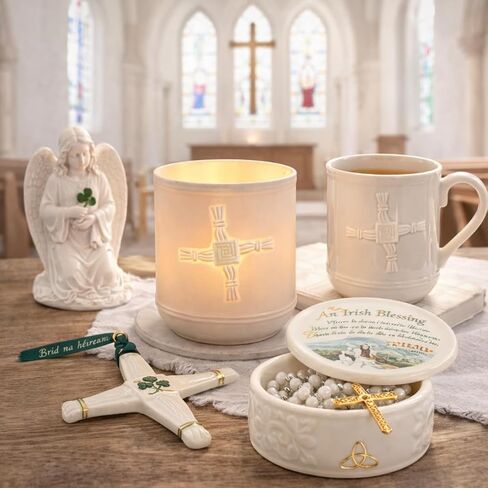 Belleek Classic St. Brigid's Cross Votive Holder 3.9" H x 3.6" W, Porcelain Candle Holder, Embossed Celtic Design, Ivory in Saudi Arabia