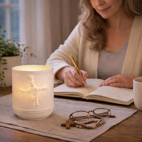 Belleek Classic St. Brigid's Cross Votive Holder 3.9" H x 3.6" W, Porcelain Candle Holder, Embossed Celtic Design, Ivory in Saudi Arabia