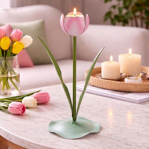 Remerry 9.4" x 3" Spring Tulips Candle Holders Spring Pink Flower Tealight Candle Stick Holder for Tealight Holder Table Centerpieces Wedding Holiday Tabletop Decor Anniversary Engagement Gift in Kuwait