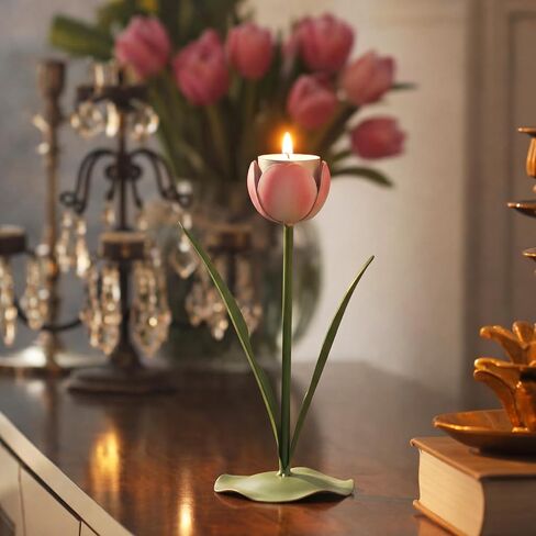 Remerry 9.4" x 3" Spring Tulips Candle Holders Spring Pink Flower Tealight Candle Stick Holder for Tealight Holder Table Centerpieces Wedding Holiday Tabletop Decor Anniversary Engagement Gift in Kuwait