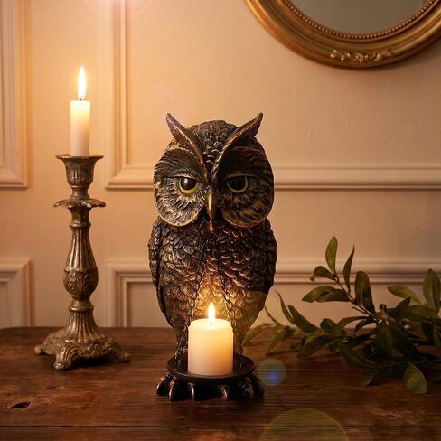 Gothic Home Decor Owl Candle Holder Tealight Stand Resin Statue for Living Room Bedroom Halloween Spooky Ornaments Unique Bird Decor Gold in Saudi Arabia