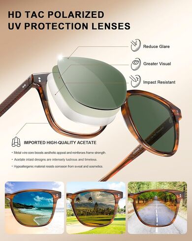 CARFIA Acetate Polarized Sunglasses for Men Classic Retro Style CA5402 | Anti-Glare, Handmade Acetate, Hypoallergenic and Non-fading, UV Protection, Perfect for driving, beach, golf and gifting in Kuwait