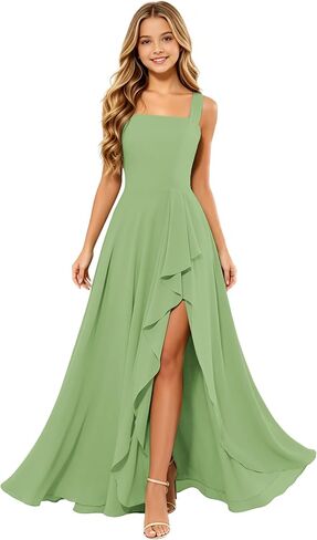 Squaure Neck Sage Green Jr Bridesmaid Dresses for Tween Girls Chiffon Fall Flower Girl Dress with Slit 9-10 Ruffles Flowy First Communion Dress A Line Long Girls Formal Gown Size 10 in Saudi Arabia