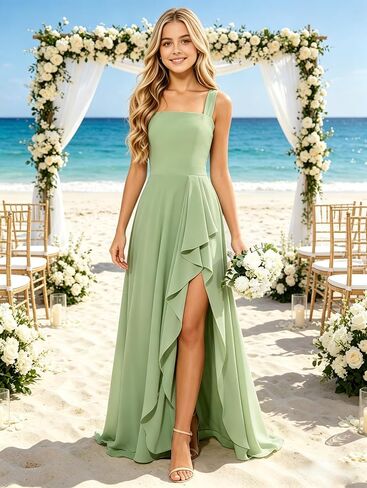 Squaure Neck Sage Green Jr Bridesmaid Dresses for Tween Girls Chiffon Fall Flower Girl Dress with Slit 9-10 Ruffles Flowy First Communion Dress A Line Long Girls Formal Gown Size 10 in Saudi Arabia