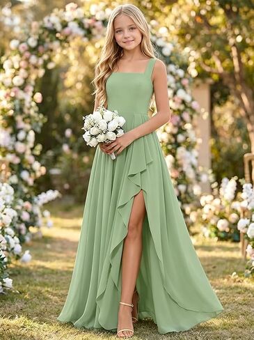 Squaure Neck Sage Green Jr Bridesmaid Dresses for Tween Girls Chiffon Fall Flower Girl Dress with Slit 9-10 Ruffles Flowy First Communion Dress A Line Long Girls Formal Gown Size 10 in Saudi Arabia