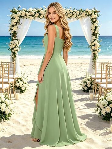 Squaure Neck Sage Green Jr Bridesmaid Dresses for Tween Girls Chiffon Fall Flower Girl Dress with Slit 9-10 Ruffles Flowy First Communion Dress A Line Long Girls Formal Gown Size 10 in Saudi Arabia