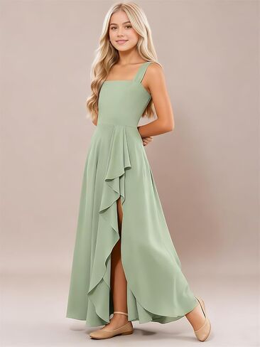 Squaure Neck Sage Green Jr Bridesmaid Dresses for Tween Girls Chiffon Fall Flower Girl Dress with Slit 9-10 Ruffles Flowy First Communion Dress A Line Long Girls Formal Gown Size 10 in Saudi Arabia