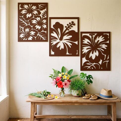 Yerliker 3 Pcs Hawaiian Wood Hibiscus Wall Art Rustic Tropical Flower Wall Decor Vintage Tropical Plant Plaque for Home Bathroom Office 16.1 x 11.8 x 0.16 Inches in Kuwait