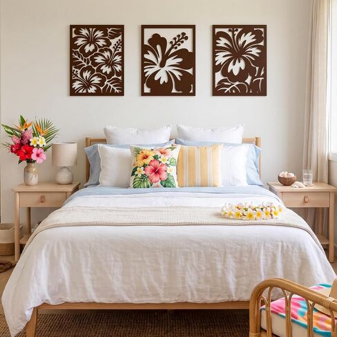 Yerliker 3 Pcs Hawaiian Wood Hibiscus Wall Art Rustic Tropical Flower Wall Decor Vintage Tropical Plant Plaque for Home Bathroom Office 16.1 x 11.8 x 0.16 Inches in Kuwait