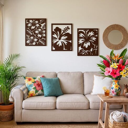 Yerliker 3 Pcs Hawaiian Wood Hibiscus Wall Art Rustic Tropical Flower Wall Decor Vintage Tropical Plant Plaque for Home Bathroom Office 16.1 x 11.8 x 0.16 Inches in Kuwait