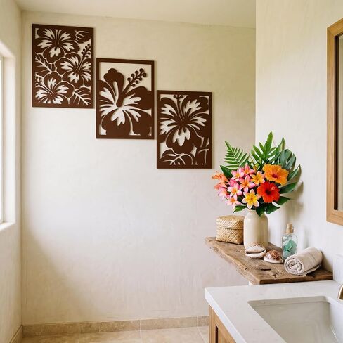 Yerliker 3 Pcs Hawaiian Wood Hibiscus Wall Art Rustic Tropical Flower Wall Decor Vintage Tropical Plant Plaque for Home Bathroom Office 16.1 x 11.8 x 0.16 Inches in Kuwait